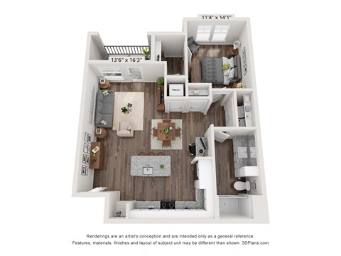 Floor plan for 1 bed, 1 bath, 867 sqft